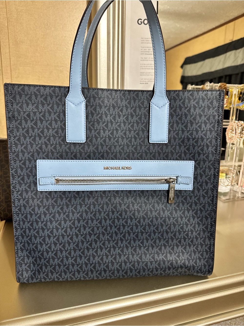 Michael Kors Navy Signature Messenger Tote with Light Blue Trim